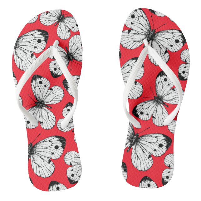 Cabbage butterfly pattern on red flip flops (Footbed)