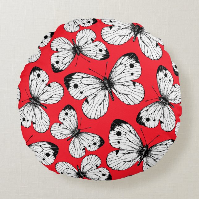 Cabbage butterfly pattern on red round cushion (Front)