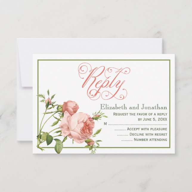 Cabbage Rose Script Wedding Reply Card (Front)