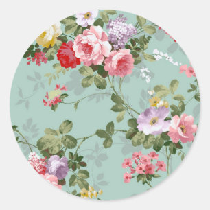 Cabbage Roses on Pale Blue Classic Round Sticker
