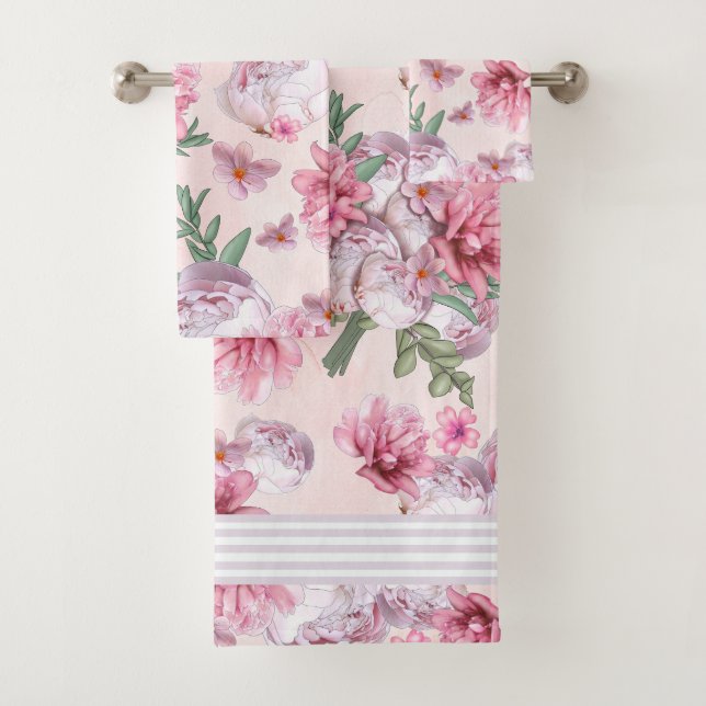 Cabbage Roses Pink Blends Bath Towel Set (Insitu)