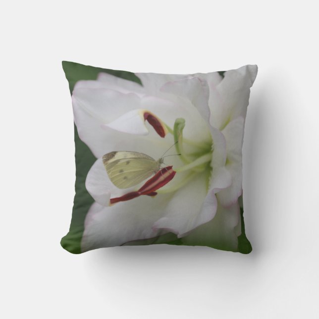 Cabbage White Butterfly on Lily Flower Photo Cushion (Front)