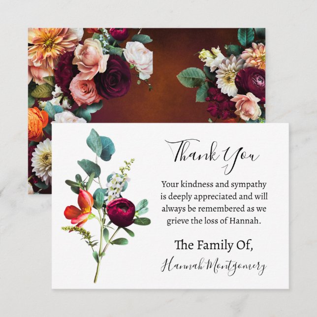 Cabernet Florals Funeral Sympathy Thank You Card (Front/Back)