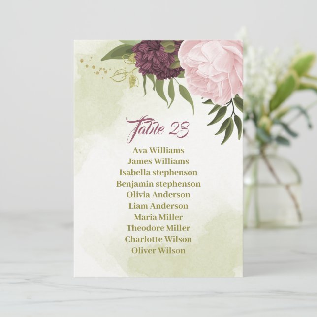 cabernet pink floral seating chart card (Standing Front)
