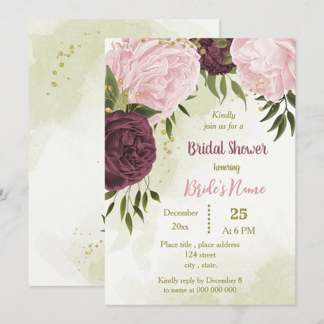 cabernet pink flowers green leaves bridal shower invitation (Front/Back)