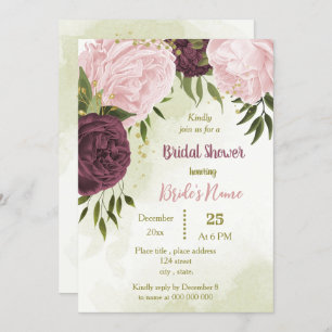 cabernet pink flowers green leaves bridal shower invitation