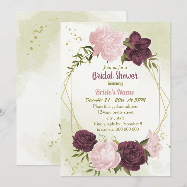cabernet pink flowers green leaves bridal shower invitation (Front/Back)
