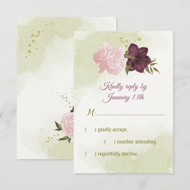 cabernet pink flowers green leaves RSVP card (Front/Back)