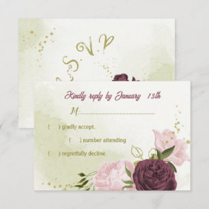 cabernet pink flowers green leaves RSVP card