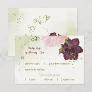 cabernet pink flowers green leaves RSVP card