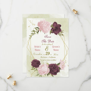 cabernet pink flowers green leaves save the date