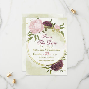 cabernet pink flowers green leaves save the date