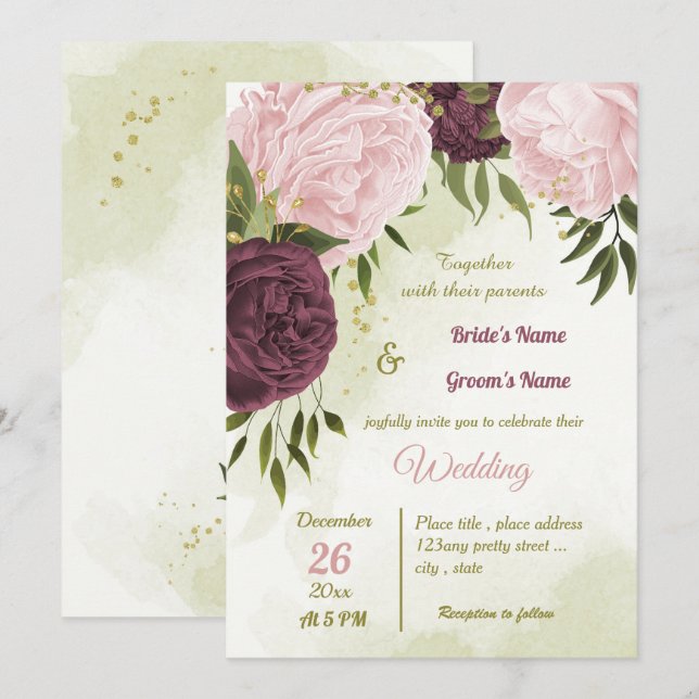 cabernet pink flowers green leaves wedding invitation (Front/Back)