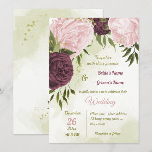 cabernet pink flowers green leaves wedding invitation