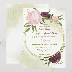 cabernet pink flowers green leaves wedding invitation
