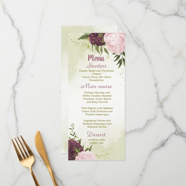 cabernet pink flowers green leaves wedding menu (Front/Back In Situ)