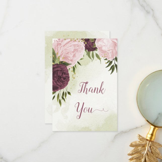 cabernet pink flowers green leaves wedding thank you card (Front/Back In Situ)