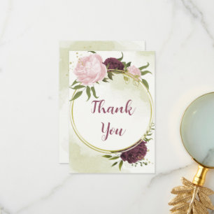 cabernet pink flowers green leaves wedding thank you card