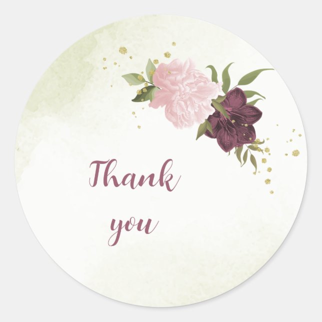 cabernet pink flowers greenery wedding classic round sticker (Front)