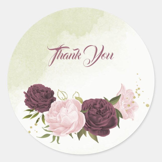 cabernet pink flowers greenery wedding classic round sticker (Front)