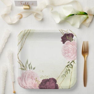 cabernet pink flowers greenery wedding paper plate