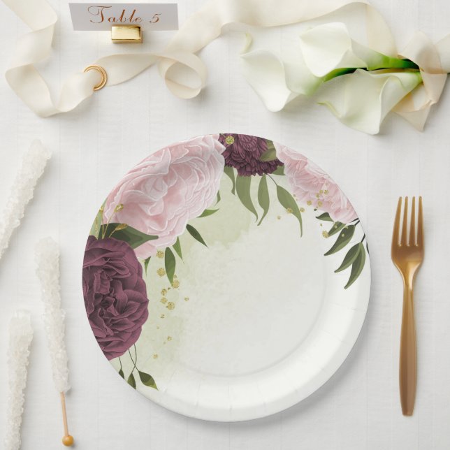 cabernet pink flowers greenery wedding paper plate (Wedding)