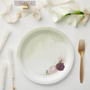 cabernet pink flowers greenery wedding paper plate