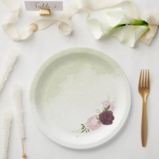 cabernet pink flowers greenery wedding paper plate (Wedding)