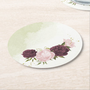 cabernet pink flowers greenery wedding round paper coaster