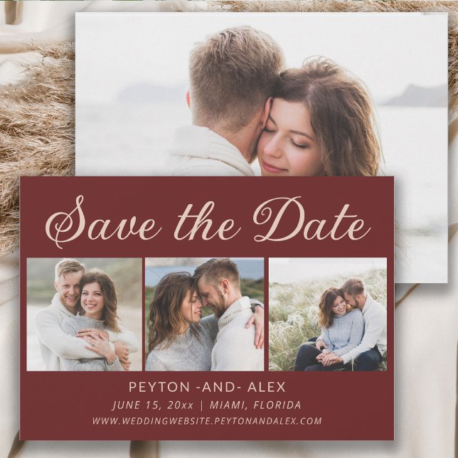 Cabernet Red 4-Photo 2-Sided Wedding Save Date  Save The Date (Burgundy 4-photo wedding Save the Date card)