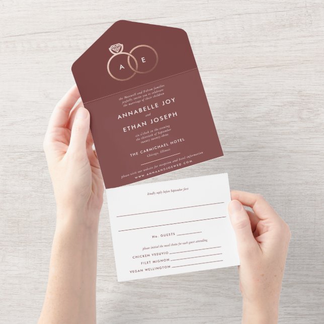Cabernet Red Modern Rose Gold Rings Wedding All In One Invitation (Tearaway)