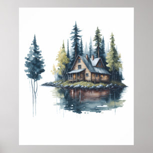 Cabin at the Lake Watercolor Poster