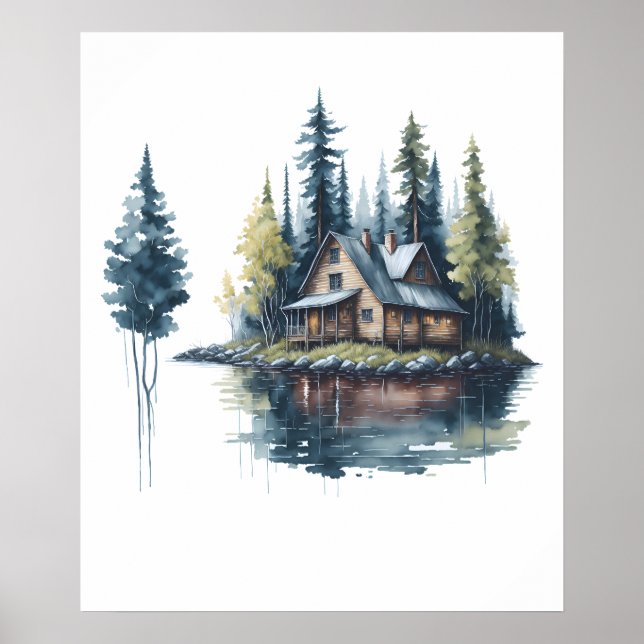 Cabin at the Lake Watercolor Poster (Front)