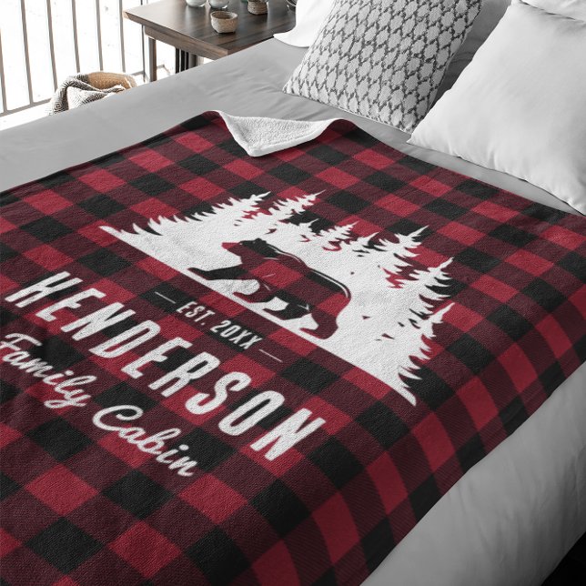 Cabin Bear Family Name Red Buffalo Plaid  Fleece Blanket (Creator Uploaded)