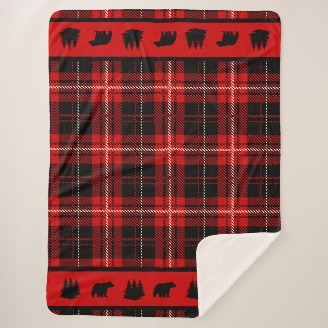 Cabin Black Bear Red Plaid Sherpa Blanket (Front)