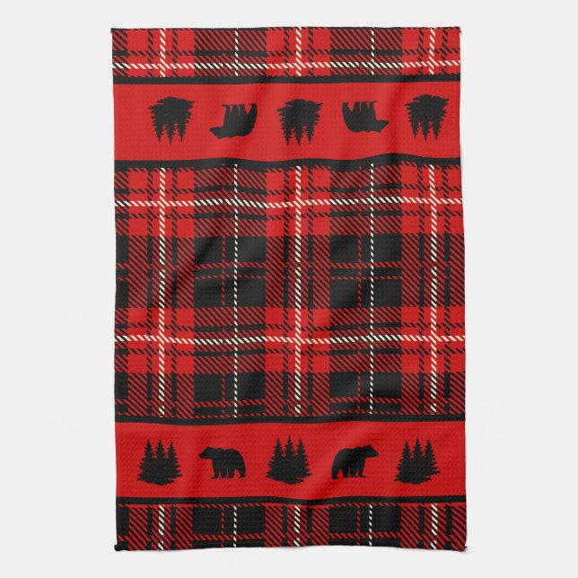 Cabin Black Bear Red Plaid Tea Towel (Vertical)