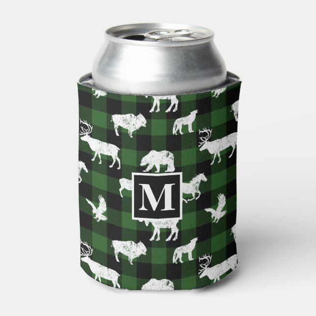 Cabin Buffalo Plaid Lumberjack Check Pattern Green Can Cooler (Can Front)