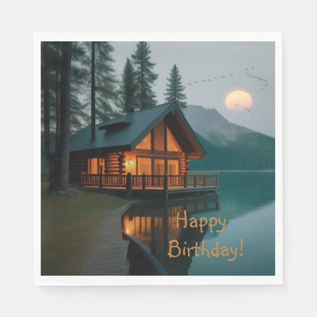 Cabin By Lake Birthday Napkin (Front)