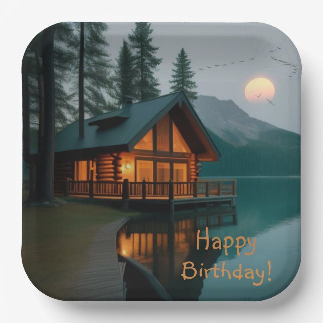 Cabin By Lake Birthday Paper Plate (Front)