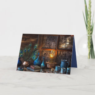 Cabin by lamplight scene rustic winter card