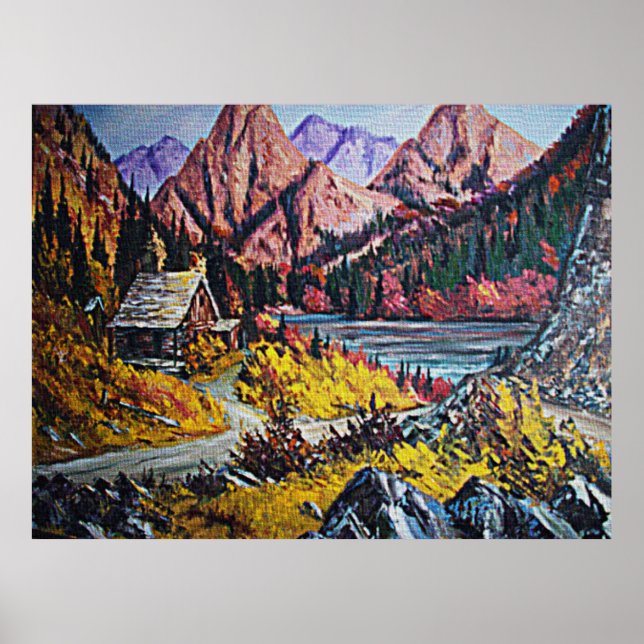 Cabin by the Lake Oil Painting Framed Print (Front)