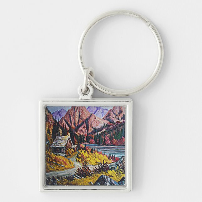 Cabin by the Lake Oil Painting Key Ring (Front)