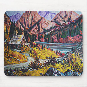 Cabin by the Lake Oil Painting Mouse Mat