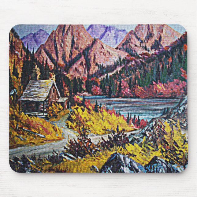 Cabin by the Lake Oil Painting Mouse Mat (Front)