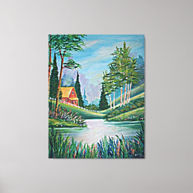 Cabin by the Stream Fine Art Painting Large Canvas Print (Front)