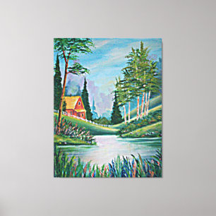 Cabin by the Stream Fine Art Painting Large Canvas Print