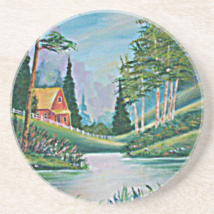 Cabin by the Stream Oil Painting Coaster