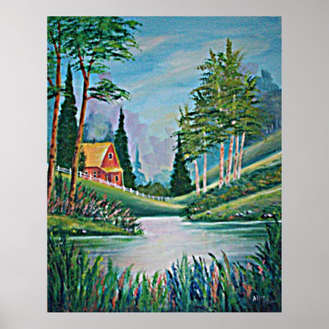 Cabin by the Stream Oil Painting Framed Print (Front)