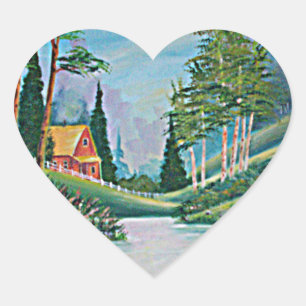 Cabin by the Stream Oil Painting Heart Sticker