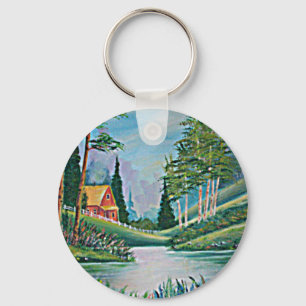 Cabin by the Stream Oil Painting Key Ring
